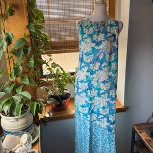 Santiki Hawaiian Floral Maxi Sundress Blue/White size SMALL vacation spring